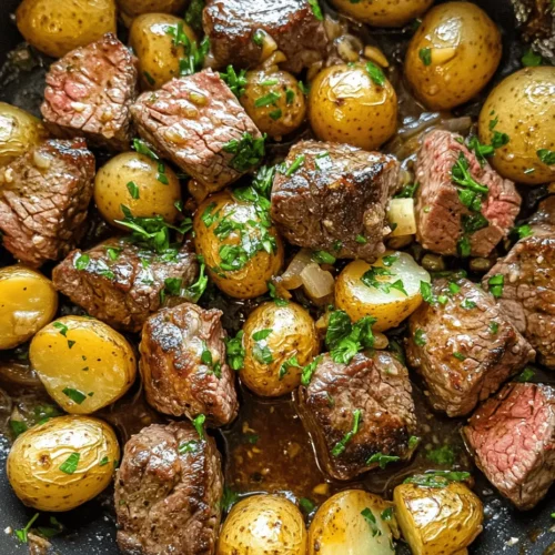 Garlic Butter Steak Bites and Potatoes is a mouthwatering dish that perfectly marries tender, juicy steak with flavorful, roasted baby potatoes, all enhanced by the rich, aromatic essence of garlic butter. This recipe is a fantastic choice for busy weeknights when you want to prepare a satisfying meal without the hassle of multiple pots and pans. Combining protein and vegetables in one pan not only simplifies the cooking process but also allows the flavors to meld beautifully, creating a deliciously cohesive dish that will please the entire family.