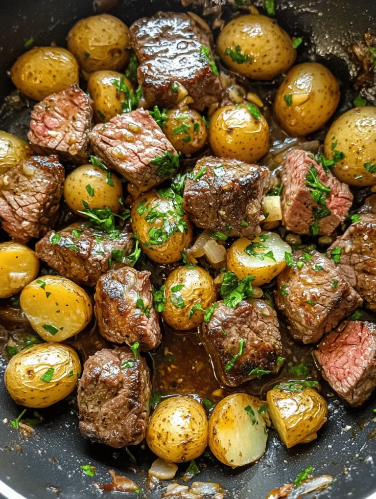 Garlic Butter Steak Bites and Potatoes is a mouthwatering dish that perfectly marries tender, juicy steak with flavorful, roasted baby potatoes, all enhanced by the rich, aromatic essence of garlic butter. This recipe is a fantastic choice for busy weeknights when you want to prepare a satisfying meal without the hassle of multiple pots and pans. Combining protein and vegetables in one pan not only simplifies the cooking process but also allows the flavors to meld beautifully, creating a deliciously cohesive dish that will please the entire family.