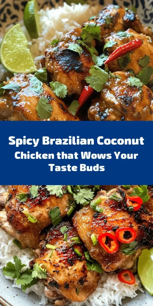 Elevate your dinner with this Spicy Brazilian Coconut Chicken recipe! Packed with bold flavors from marinated chicken thighs, creamy coconut milk, and spicy red chilies, this dish offers a delightful twist on your usual chicken meals. Perfectly simmered to tenderness, it’s a great choice for any night of the week. Serve it over rice and garnish with fresh cilantro and lime wedges for a burst of freshness. Easy to prepare and bursting with flavor, your family will love it!