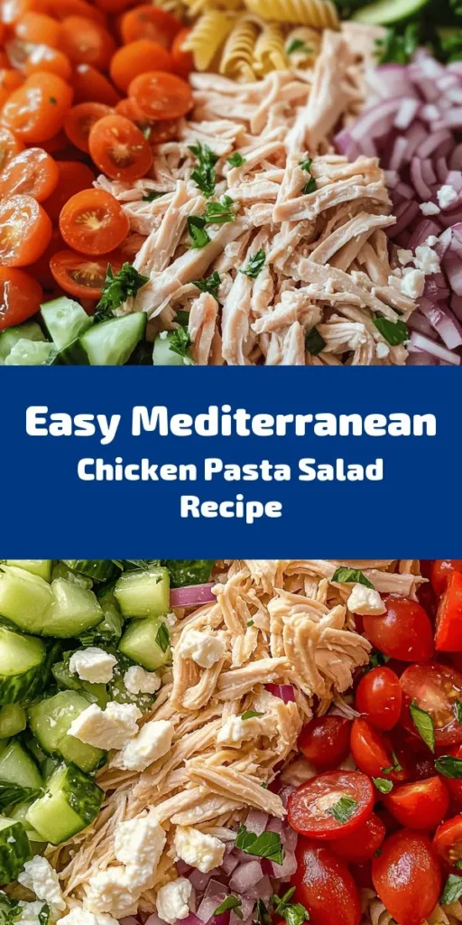 Looking for a refreshing twist on dinner? Try this Mediterranean Chicken Pasta Salad! Packed with rotini pasta, juicy shredded chicken, cherry tomatoes, crunchy cucumbers, and tangy Kalamata olives, it's a colorful and flavorful dish perfect for meal prep or gatherings. Tossed in a light olive oil and vinegar dressing, this salad is not only quick to make but also a great way to enjoy a taste of the Mediterranean at home. Serve it chilled and savor every bite!
