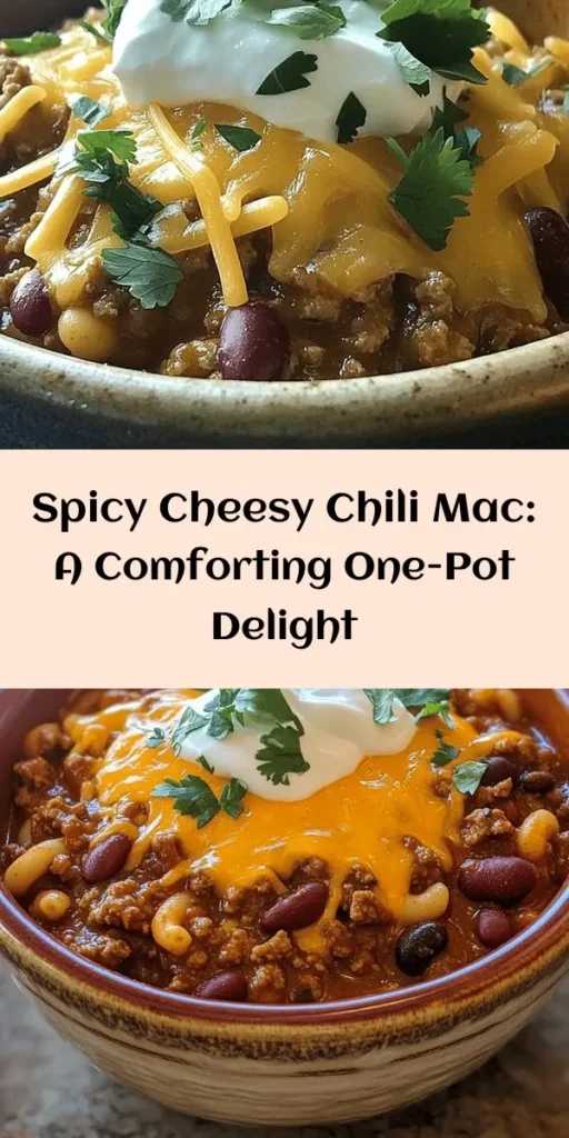 Dive into this Spicy Cheesy Chili Mac, the ultimate comfort food! Combining tender elbow macaroni, seasoned ground beef or turkey, and a medley of beans and tomatoes, this dish is full of flavor. After simmering, a generous amount of melted cheddar cheese brings it all together for a creamy finish. Serve it hot, topped with fresh cilantro and a dollop of sour cream for an extra touch. Perfect for family dinners or gatherings, this recipe serves 6-8 people! Enjoy every bite of this hearty, delicious meal.