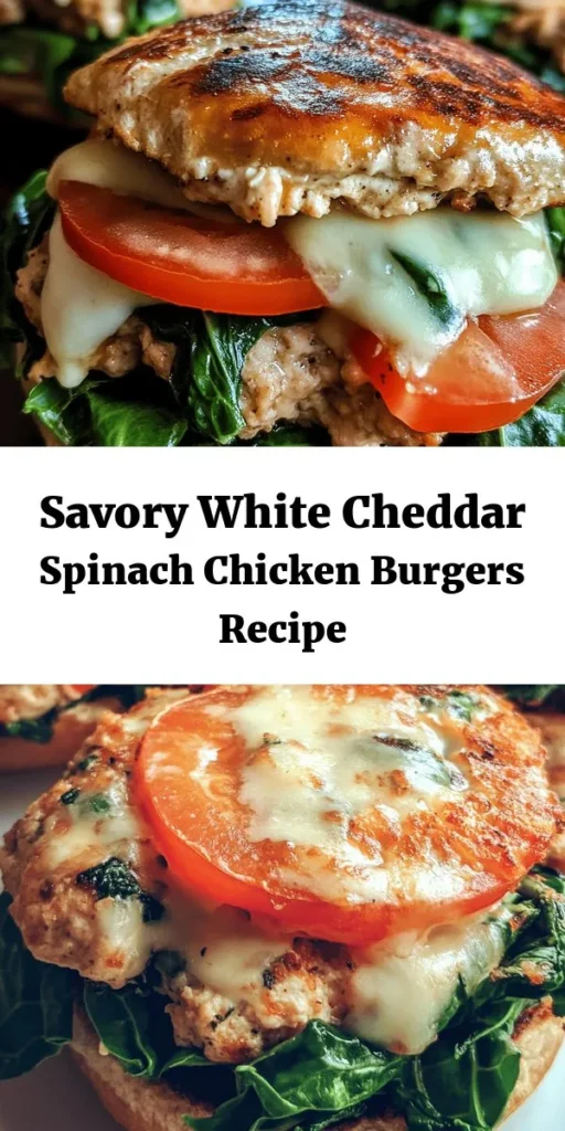 Elevate your burger game with these flavorful White Cheddar and Spinach Chicken Burgers! Made with ground chicken, fresh spinach, and melty white cheddar cheese, these patties are both nutritious and delicious. Easy to prepare in just 30 minutes, they are perfect for a weeknight dinner or a weekend BBQ. Serve them on whole wheat buns with your favorite toppings, and don’t forget the optional Sriracha mayo for an extra kick! Enjoy this wholesome meal that’s sure to please everyone!