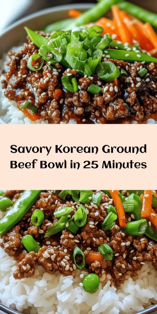 Discover the deliciousness of this Korean Ground Beef Bowl Delight! In just 25 minutes, you can whip up a flavorful dish featuring tender ground beef, savory soy sauce, and a kick of gochujang, all served over fluffy rice. Loaded with fresh veggies like carrots and snap peas, it's perfect for a quick weeknight dinner. Garnish with green onions and sesame seeds for an unforgettable meal. Try it today and add kimchi for that extra zing!