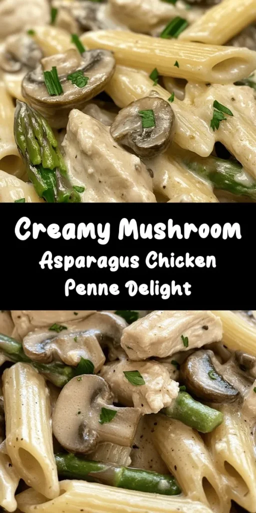 Indulge in this creamy mushroom and asparagus chicken penne, a deliciously comforting dish perfect for any weeknight dinner! With tender chicken, sautéed asparagus, and rich mushrooms all coated in a creamy Parmesan sauce, this recipe is a flavorful delight. It comes together in just 35 minutes and serves four, making it an ideal choice for family meals. Don't forget to garnish with fresh parsley for a burst of freshness! Try it today!