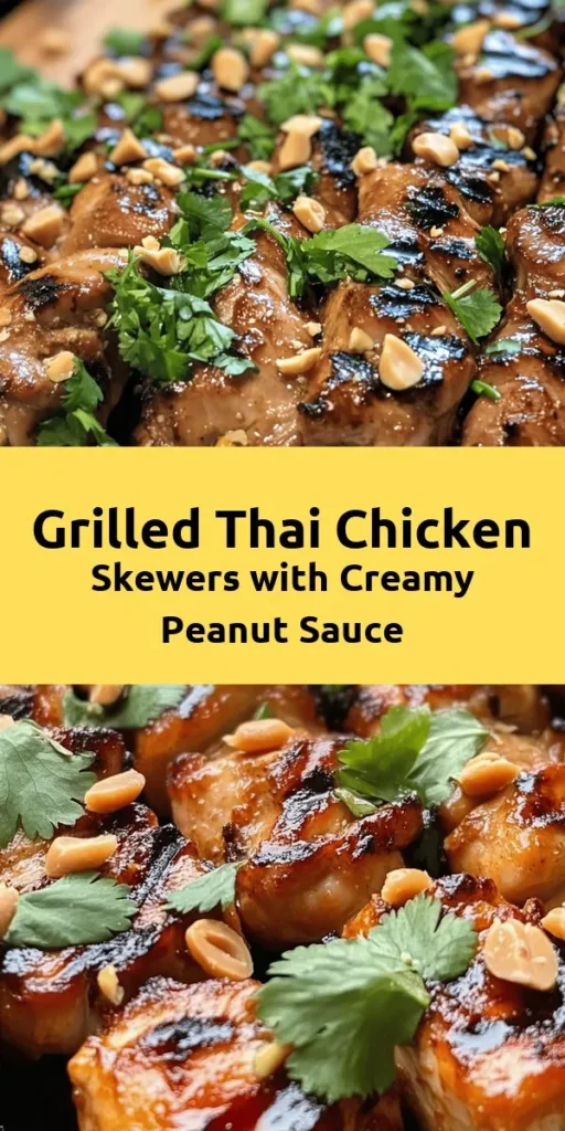 Elevate your grilling game with these Easy Grilled Thai Chicken Skewers, served with a creamy peanut sauce! Perfect for a quick weeknight dinner or a weekend barbecue, this recipe combines tender marinated chicken thighs infused with savory flavors and a hint of spice, grilled to perfection. Pair it with a luscious peanut sauce for a deliciously satisfying bite. Garnish with chopped peanuts and fresh cilantro for an extra zing! Ideal for any occasion.
