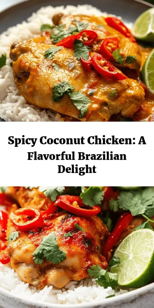 Spice up your dinner routine with this tempting Spicy Brazilian Coconut Chicken! This dish features tender chicken thighs marinated in zesty lime, cumin, and smoked paprika, then simmered in creamy coconut milk with vibrant veggies and fresh chilies. Perfectly served over fluffy rice and garnished with cilantro, it's a flavorful adventure you won't want to miss. Enjoy the tropical vibes in every bite! Easy to make and a crowd-pleaser for any weeknight meal.