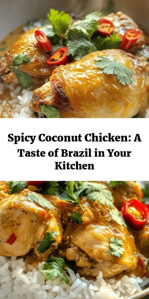Indulge in the vibrant flavors of Brazil with this Spicy Brazilian Coconut Chicken recipe! Perfectly marinated chicken thighs are seared and simmered in a creamy coconut milk sauce with fresh chilies, garlic, and spices that bring the heat. Garnished with cilantro and served over rice or quinoa, this dish is a delightful fusion of flavors that will transport your taste buds. Quick to prepare, it's a must-try for any weeknight dinner! Enjoy a taste of Brazil at home.