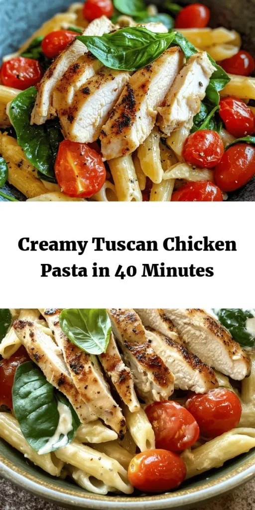 Whip up this Easy Tuscan Chicken Pasta for a delicious weeknight dinner! With juicy chicken, fresh spinach, and bursting cherry tomatoes, this creamy pasta dish is packed with flavor. It’s simple to make and perfect for the whole family. Plus, it comes together in just 40 minutes! Enjoy the rich taste of heavy cream and Parmesan cheese, all garnished with fresh basil. Check out the recipe for a satisfying meal that will impress your guests!