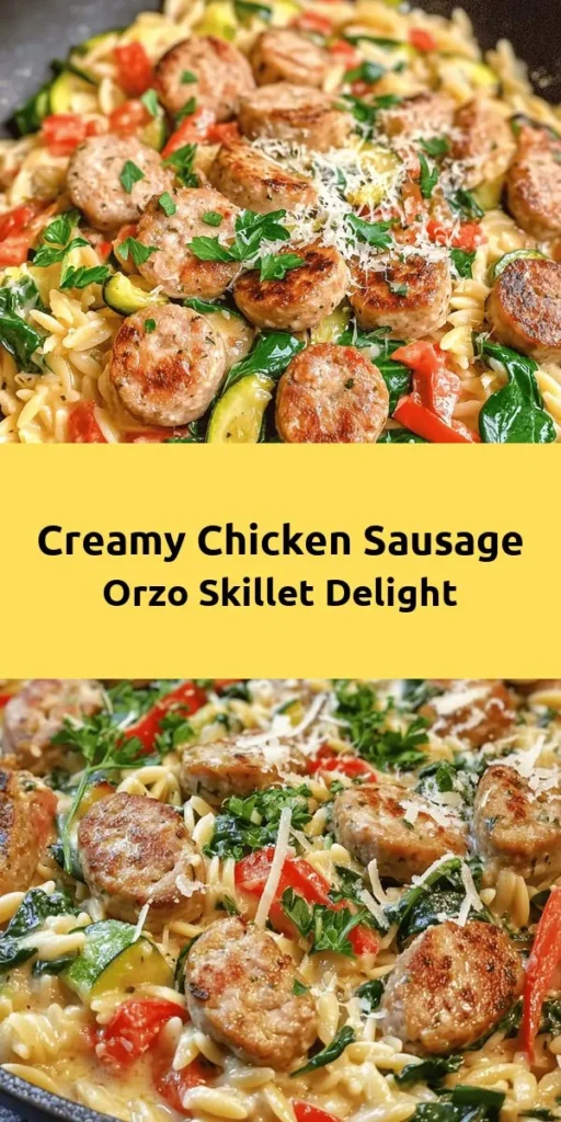 Satisfy your dinner cravings with this Creamy Chicken Sausage Orzo Skillet! This delicious one-pan meal combines sliced chicken sausage, tender orzo pasta, and fresh veggies like zucchini and spinach, all brought together with a rich, creamy sauce. Ready in just 30 minutes, it’s perfect for busy weeknights. Garnish with fresh parsley and serve with Parmesan cheese for an extra touch. Get ready to enjoy a flavorful and comforting dish that everyone will love!
