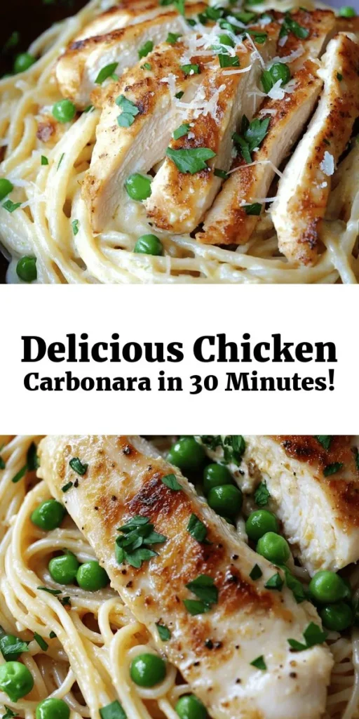 Indulge in the creamy goodness of this Best-Ever Chicken Carbonara! This delicious pasta dish features tender chicken, a rich egg and Parmesan sauce, and bright green peas, all tossed together for a comforting meal. Perfect for a weeknight dinner, it's quick to prepare with just 15 minutes of prep and 30 minutes total cooking time. Serve it garnished with fresh parsley and extra cheese for an irresistible finish. Enjoy with loved ones!