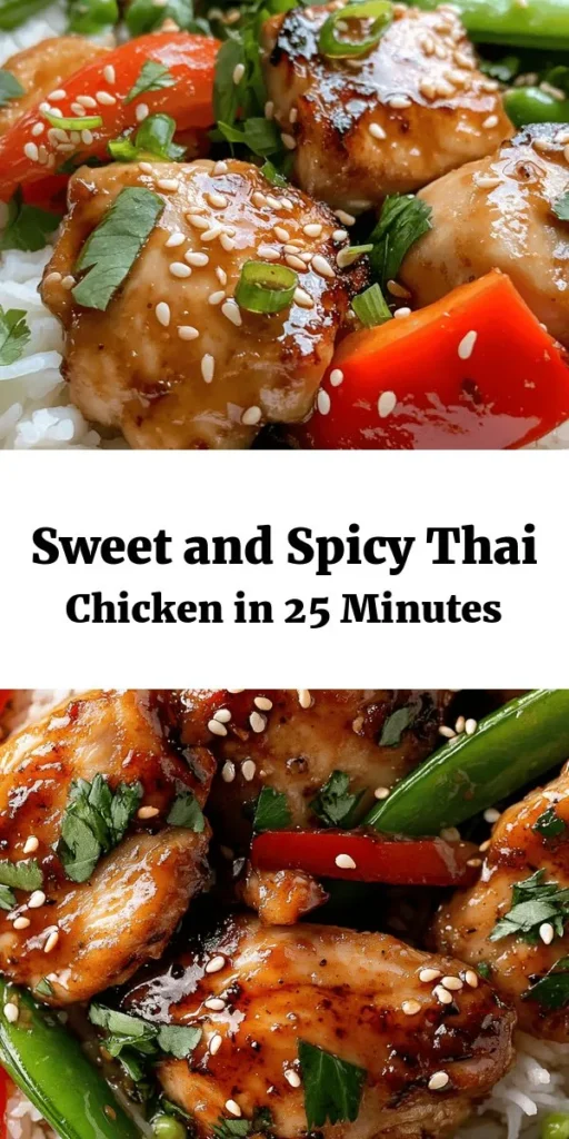 Discover the perfect blend of sweet and spicy with this delicious Sweet and Spicy Thai Chicken recipe! Made with tender chicken thighs marinated in a mouthwatering mix of soy sauce, honey, and sriracha, this dish is packed with flavor. It's quick to prepare, taking just 25 minutes from start to finish, and is loaded with vibrant vegetables like red bell peppers and snap peas. Serve it over jasmine rice or noodles, and enjoy a delightful meal garnished with fresh basil and sesame seeds!