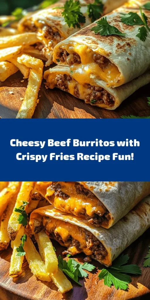 Satisfy your cravings with these Cheesy Beef Burritos paired with perfectly crispy fries! This delicious recipe features seasoned ground beef, black beans, and oozing cheddar wrapped in warm tortillas, all complemented by golden fries seasoned with garlic and paprika. It's a fun and hearty meal that's ready in under an hour. Perfect for family dinners or a casual get-together. Give it a try and enjoy a burst of flavors! 🍽️✨