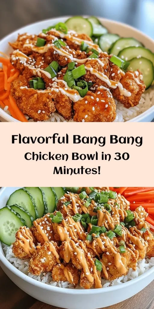 Looking for a delicious and quick meal? Try this Bang Bang Chicken Bowl! It features tender, seasoned chicken thighs, crispy veggies, and fragrant jasmine rice topped with a creamy, spicy bang bang sauce. Perfect for a weeknight dinner or meal prep, this flavorful bowl combines fresh ingredients and vibrant colors that are sure to impress. Quick to make and customizable, it’s a dish your family will love. Enjoy every bite!