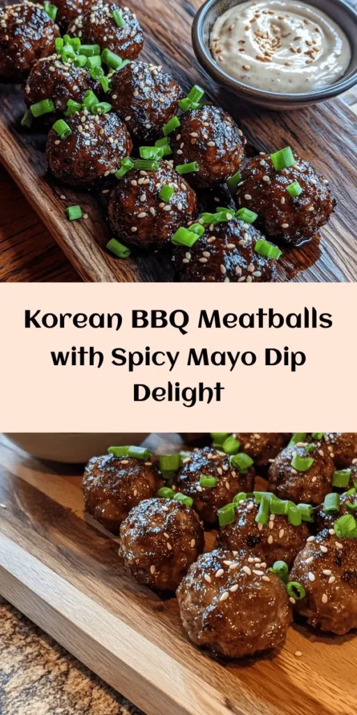 Elevate your snack game with these Korean BBQ Meatballs paired with a deliciously spicy mayo dip! Made with ground beef or pork, fresh ingredients, and a kick of gochugaru, these meatballs are baked to perfection for a wholesome twist. Serve them hot, sprinkled with sesame seeds and green onions, and enjoy the creamy, spicy mayo on the side for a flavor explosion. Ideal for parties or a cozy night in! Give this easy recipe a try!