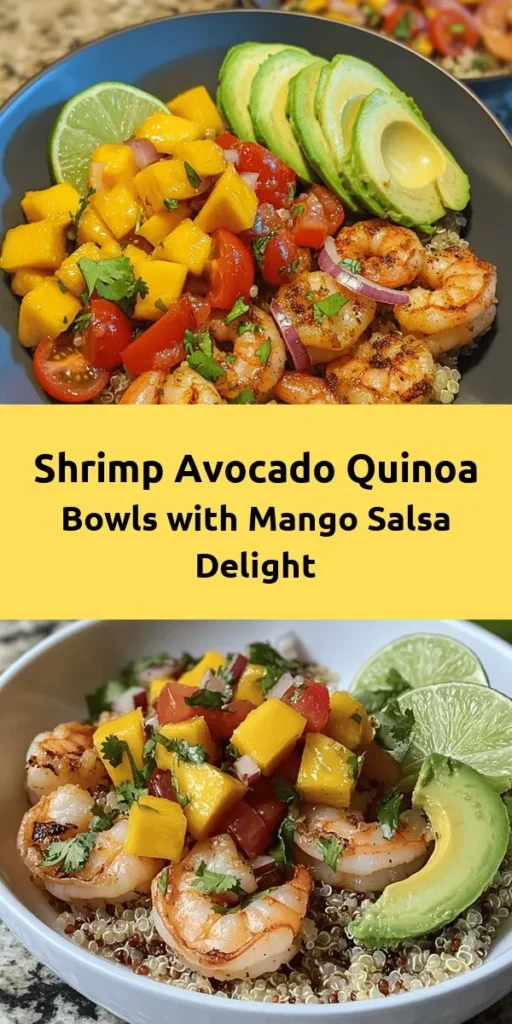 Dive into these vibrant Shrimp & Avocado Delight Bowls! Perfect for a fresh and healthy meal, this recipe combines succulent shrimp, creamy avocado, and fluffy quinoa with a zesty lime-chili sauce. Topped with a refreshing mango salsa, it's sure to impress. Easy to make in just 30 minutes, it's a colorful dish that's perfect for lunch or dinner. Enjoy a taste of summer with every bite, and don’t forget to personalize it with your favorite toppings!