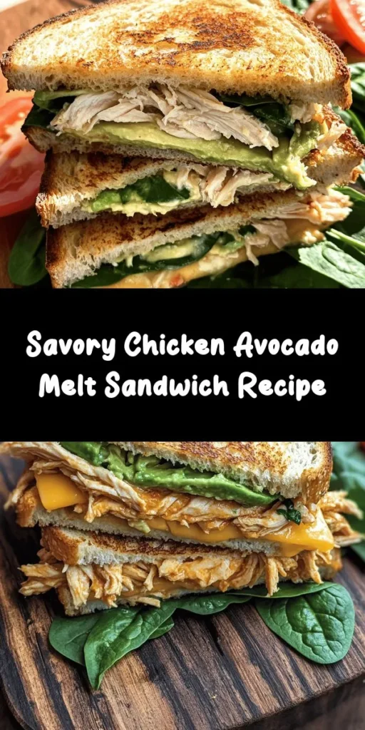 Indulge in the ultimate comfort food with this Chicken Avocado Melt Sandwich! Perfectly shredded chicken mixed with creamy avocado, zesty Greek yogurt, and fresh lime juice creates a flavorful filling, all topped with melted pepper jack cheese, juicy tomatoes, and fresh spinach. Grilled to golden perfection on your favorite bread, this sandwich is quick to prepare and sure to impress. Enjoy a delicious, satisfying meal in just 30 minutes!
