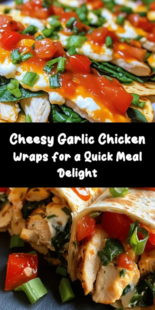 Get ready to indulge in these mouthwatering Cheesy Garlic Chicken Wraps! Perfect for a quick lunch or dinner, this recipe features tender chicken, a creamy cheesy mixture, and fresh veggies all wrapped in a tortilla. With garlic and Italian seasoning to amp up the flavor, these wraps will surely become a family favorite. Customize with hot sauce for an extra kick! Easy to make in just 35 minutes. Enjoy every cheesy bite!