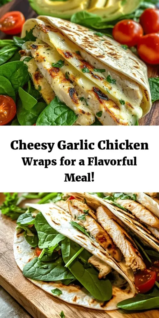 Satisfy your cravings with these Cheesy Garlic Chicken Wraps! Filled with tender, seasoned chicken, a creamy garlic mozzarella mixture, fresh spinach, and vibrant cherry tomatoes, these wraps are a delicious and easy meal option. Perfect for lunch or dinner, you can grill them for an extra crispy finish. Ready in just 30 minutes, these wraps are sure to please everyone at the table. Try this recipe and elevate your wrap game!