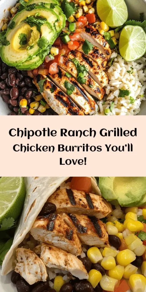 Get ready to spice up your dinner with this Easy Chipotle Ranch Grilled Chicken Burrito! Perfectly grilled chicken marinated in chipotle ranch seasoning is combined with hearty rice, black beans, corn, avocado, and cheese, all wrapped in a warm flour tortilla. Ready in just over an hour, these burritos are a flavorful feast that the whole family will love. Don’t forget the salsa and lime wedges for an extra kick! Enjoy a delicious and customizable meal tonight!