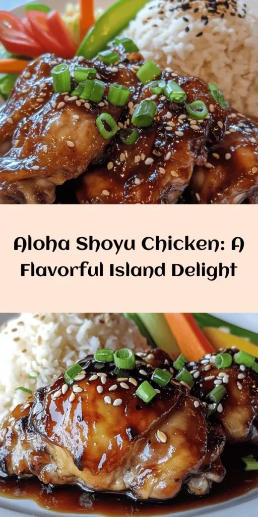 Experience a taste of the tropics with this Aloha Shoyu Chicken Delight! This flavorful dish features tender marinated chicken thighs that soak in a delicious blend of soy sauce, brown sugar, garlic, and ginger. Perfectly baked to create a beautiful glaze, it’s garnished with green onions and sesame seeds for a pop of flavor. Serve this scrumptious meal alongside steamed rice and veggies for a complete, satisfying dinner. Your family will love it!