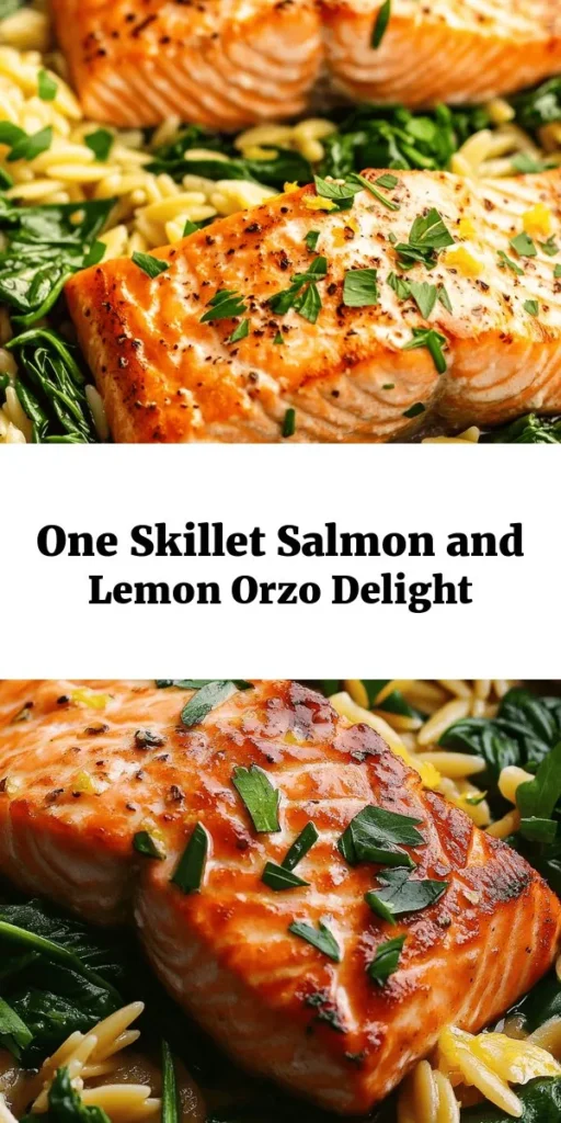 Discover the ease and flavor of this One Skillet Salmon with Lemon Orzo recipe! In just 25 minutes, you’ll have a delicious meal featuring perfectly cooked salmon, zesty lemon, and tender orzo pasta, all in one pan. With fresh spinach and a hint of garlic, it's a nutritious dinner that's packed with flavor. Perfect for busy weeknights, this dish is sure to impress. Don’t forget to garnish with parsley for that extra touch!
