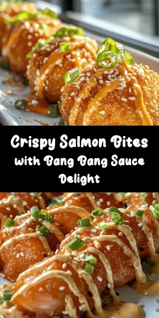 Dive into the crispy goodness of these Bang Bang Salmon Bites! This easy recipe features fresh salmon coated in a crunchy panko crust and fried to perfection. Paired with a zesty Bang Bang sauce made from mayonnaise, sweet chili sauce, and sriracha, these bite-sized delights are perfect for appetizers or a fun dinner. Garnish with green onions and sesame seeds for an extra pop of flavor. Quick to prepare and utterly delicious! Enjoy in just 30 minutes!