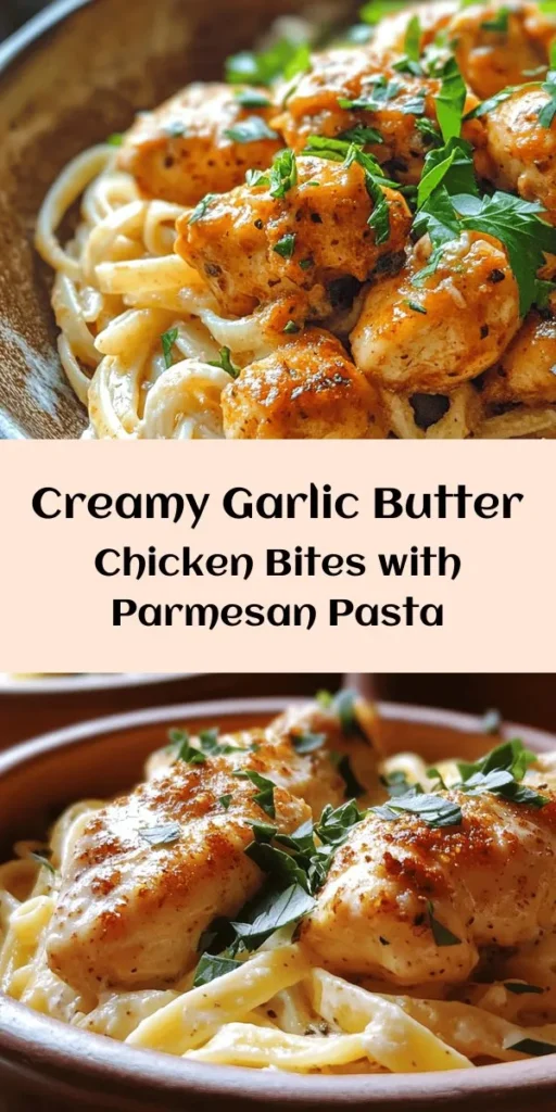 Indulge in these savory Garlic Butter Chicken Bites paired with creamy Parmesan pasta for a perfect weeknight dinner! This easy recipe combines tender chicken sautéed in garlic butter with a rich, flavorful cream sauce enveloping your favorite pasta. Ready in just 30 minutes, it's deliciously quick to whip up and a real crowd-pleaser. Don’t forget to add fresh herbs for an extra pop of flavor! Perfect for family meals or cozy dinners.