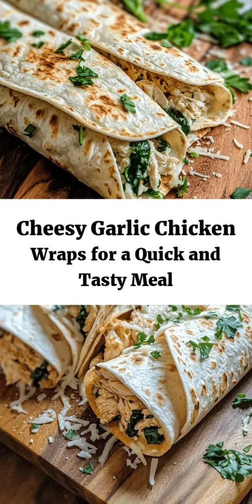 Savor the deliciousness of these Cheesy Garlic Chicken Wraps! Perfect for a quick meal, they combine shredded chicken with creamy mozzarella and garlic, all wrapped in warm tortillas. Filled with fresh spinach and topped with Parmesan, these wraps are crispy on the outside and gooey on the inside. Ready in just 30 minutes, they make a satisfying lunch or dinner option. Serve them warm with your favorite dipping sauce for an extra treat!