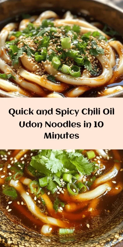Quick and delicious, these 10 Minute Chili Oil Udon Noodles are perfect for a weeknight meal! Made with simple ingredients like udon noodles, chili oil, garlic, and soy sauce, this dish is packed with flavor. Just cook the noodles, whip up the sauce, toss everything together, and garnish with green onions and sesame seeds. Ready in no time, this recipe serves two and is customizable with your favorite toppings. Enjoy a spicy and satisfying noodle dish today!