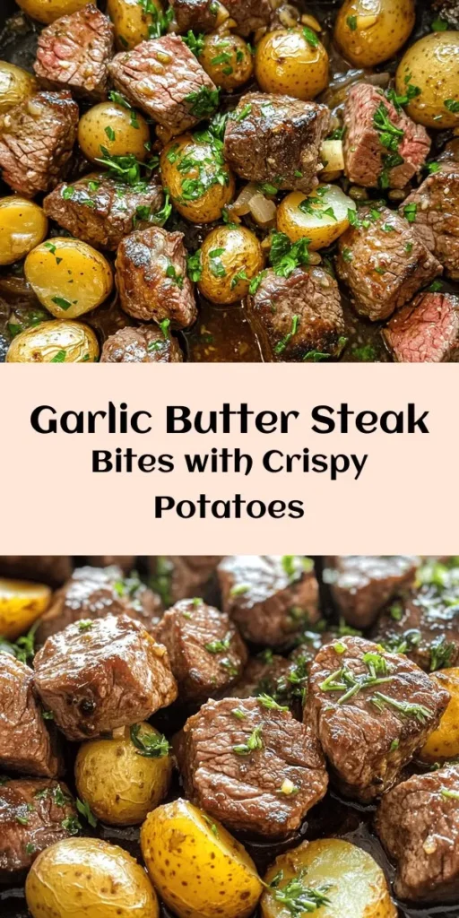 Indulge in these mouthwatering Garlic Butter Steak Bites and Potatoes! This easy recipe features tender sirloin steak cooked to perfection and tossed with buttery, garlicky baby potatoes. With fresh herbs like rosemary and thyme, each bite is bursting with flavor. Perfect for a cozy dinner or a quick weeknight meal, this dish takes just 30 minutes to prepare and serves four. Don't forget to garnish with fresh parsley for an extra touch!