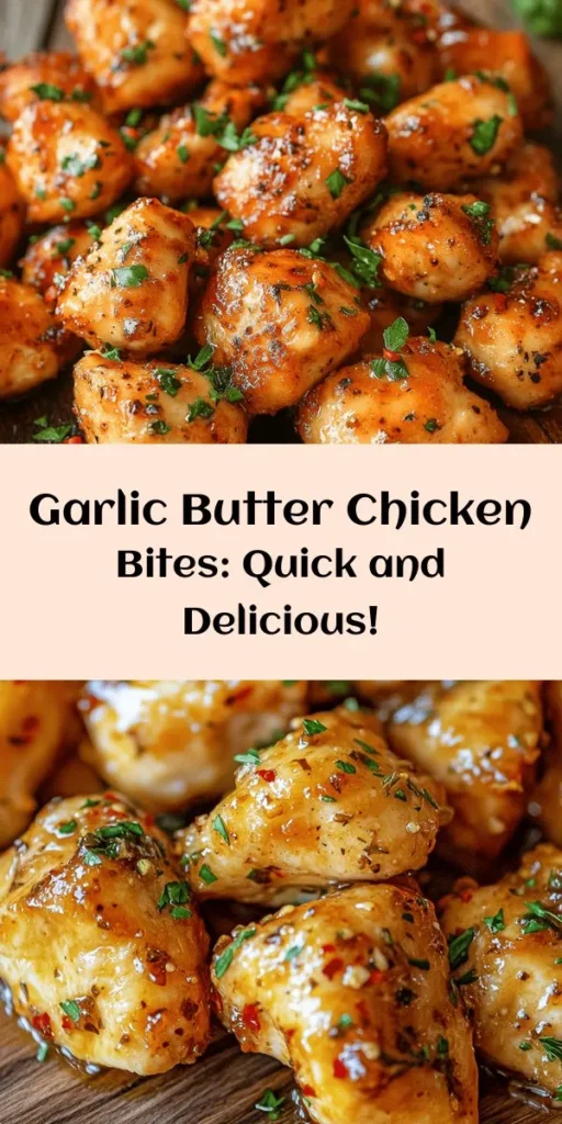 Satisfy your cravings with these delicious Garlic Butter Chicken Bites! This quick and easy recipe features tender chicken pieces sautéed in a rich garlic butter sauce with a hint of lemon and herbs. Ready in just 20 minutes, it's perfect for a weeknight dinner or a tasty appetizer. Elevate your meal with a sprinkle of fresh parsley and optional red pepper flakes for a kick. Try it tonight and enjoy the savory flavors!