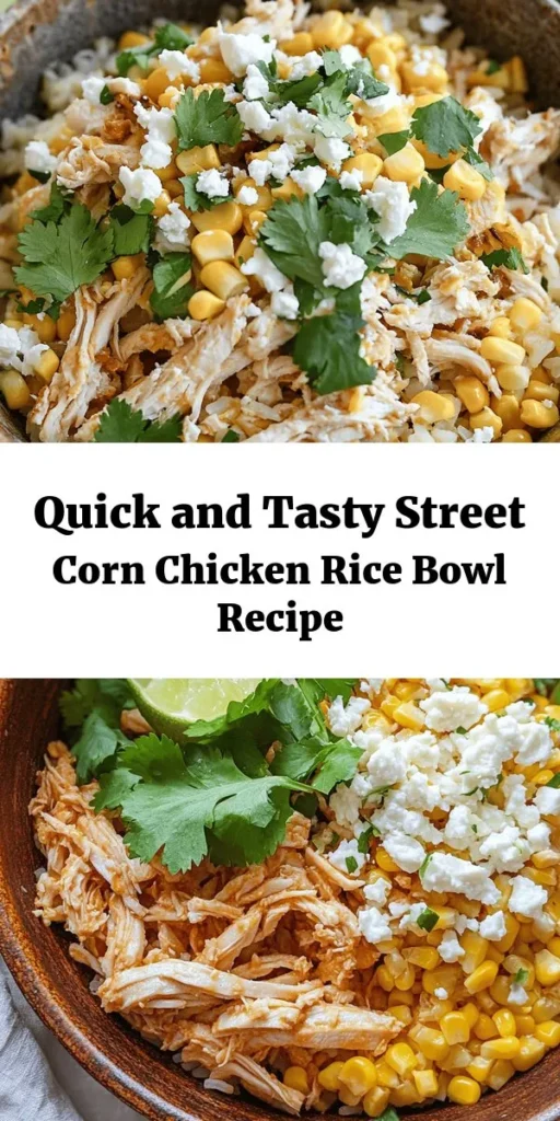 Elevate your dinner routine with this Easy Street Corn Chicken Rice Bowl! Ready in just 10 minutes, this delicious dish combines tender rice, shredded chicken, and sweet corn, all topped with creamy feta and fresh cilantro. Perfect for busy nights, you can customize it with your favorite rice type and even use rotisserie chicken for convenience. Flavorful, filling, and sure to please everyone at the table! Enjoy it warm with a squeeze of lime.