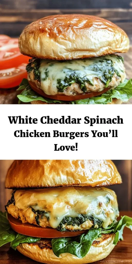 Savor the deliciousness of homemade White Cheddar and Spinach Chicken Burgers! This juicy and flavorful recipe combines ground chicken with fresh spinach and gooey white cheddar for a tasty twist on classic burgers. Ready in just 30 minutes, these patties are a hit at any meal. Serve them on toasted buns with your favorite toppings for a wholesome dinner the whole family will love. Perfect for weeknight meals or weekend grilling!