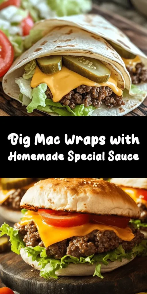 Indulge in the ultimate comfort food with these homemade Big Mac wraps! Packed with juicy ground beef, melted American cheese, crisp lettuce, tomatoes, and tangy pickles, these wraps are a delicious twist on a classic favorite. The secret is the special sauce made from creamy mayo, ketchup, and relish, giving it that iconic taste. Perfect for lunch or dinner, these wraps are easy to make, satisfying, and fun to eat. Try them out for your next meal!