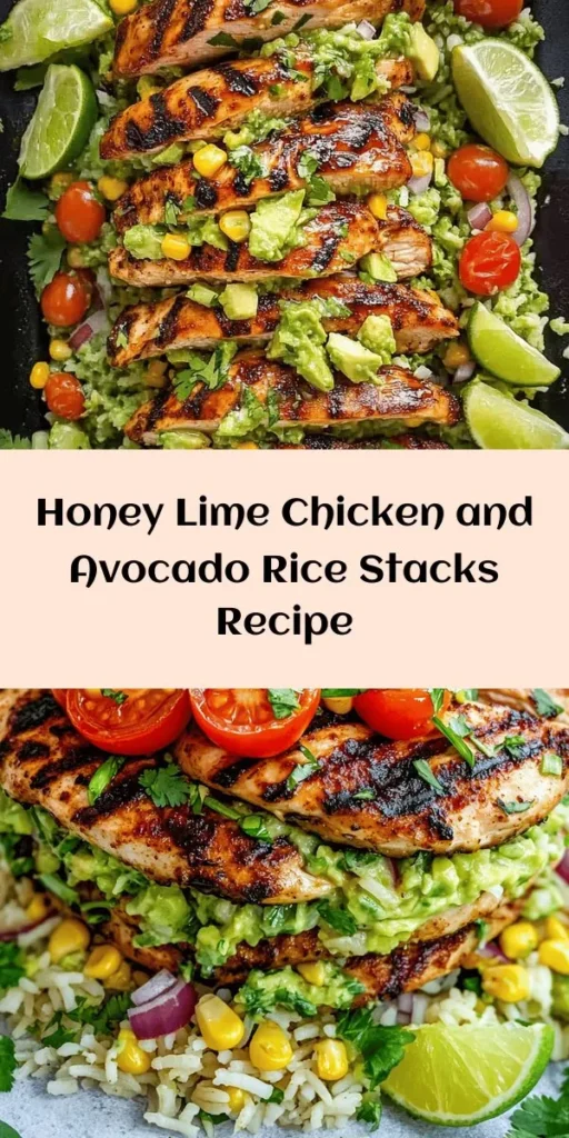 Elevate your dinner game with this delicious Honey Lime Chicken & Avocado Rice Stack! Featuring marinated chicken in a mouthwatering honey-lime glaze, served over creamy avocado rice, and topped with fresh cherry tomatoes, corn, and red onion, this recipe is colorful and full of flavor. Perfect for meal prep or a fun family dinner, it’s easy to assemble and impressive to serve. Try it tonight for a delightful meal that’s sure to please everyone!