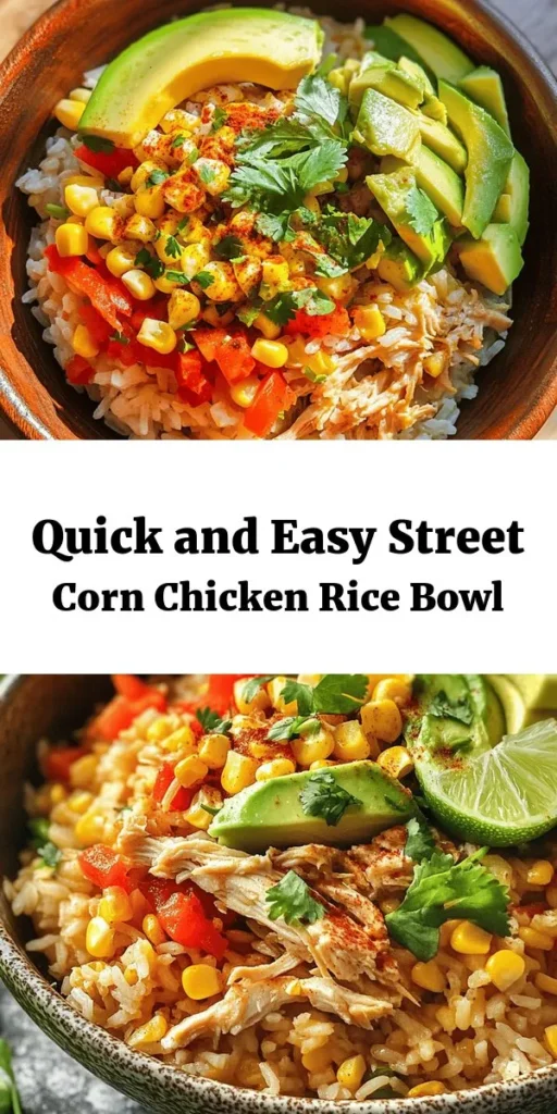 Looking for a quick and delicious meal? Try this Easy Street Corn Chicken Rice Bowl! This simple recipe combines cooked rice, shredded rotisserie chicken, and sautéed corn and red bell pepper, all seasoned with smoked paprika and lime juice. Perfect for a weeknight dinner, it’s ready in just 15 minutes. Top with fresh cilantro and avocado for an extra burst of flavor. It's wholesome, satisfying, and sure to become a family favorite! Enjoy!