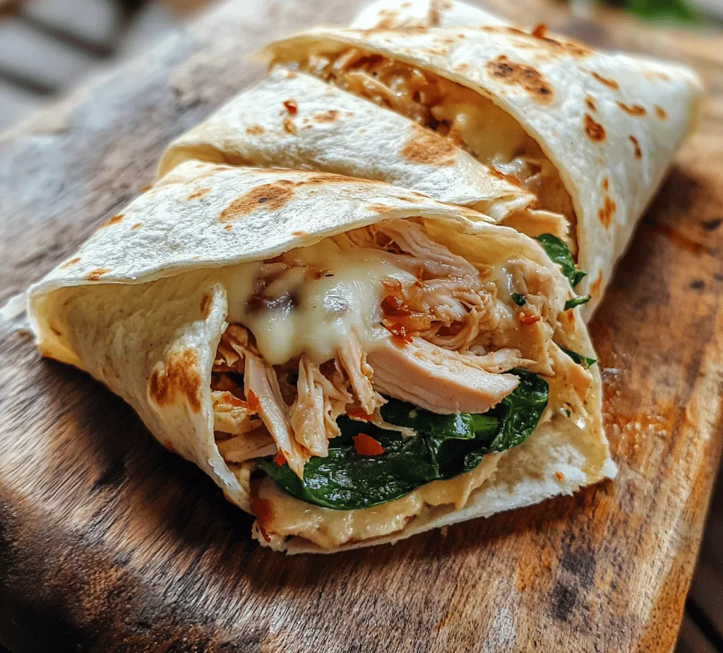 <strong>Shredded Chicken</strong>: The star of our Cheesy Garlic Chicken Wraps is undoubtedly the shredded chicken. It brings a hearty protein element to the dish, making it more filling and nutritious. Whether you’re using leftover rotisserie chicken, poached chicken breasts, or even turkey, the key is to ensure the chicken is tender and easy to shred, allowing it to absorb the flavors of the other ingredients seamlessly.” /></p>
</p>
<h3>Cooking Time: Tips on Timing and Batch Cooking</h3>
</p>
<p>When preparing Cheesy Garlic Chicken Wraps, timing is crucial to ensure that each component is cooked to perfection and that the meal is served hot and fresh. The total cooking time for this recipe is approximately 30-40 minutes, which includes prep time, cooking the chicken, and assembling the wraps.</p>
</p>
<p><strong>Batch Cooking Tips</strong></p>
<p>If you’re cooking for a larger group or want to meal prep for the week, consider batch cooking. Here are some tips to make the most of your time:</p>
</p>
<p>1. <strong>Cook Chicken in Batches</strong>: If using more than one chicken breast, you can easily double the recipe. Just ensure that you cook the chicken in batches to avoid overcrowding the pan, which can lead to uneven cooking.</p>
</p>
<p>2. <strong>Prepare Ingredients Ahead of Time</strong>: Chop your spinach, dice tomatoes, and shred cheese the day before. Store them in airtight containers in the refrigerator to save time on cooking day.</p>
</p>
<p>3. <strong>Wrap Assembly Line</strong>: Set up an assembly line for wrapping. This method speeds up the process and ensures that each wrap is filled evenly.</p>
</p>
<p>4. <strong>Freezing Options</strong>: If you want to prepare these wraps ahead of time, you can assemble and freeze them without cooking. Just wrap each one tightly in plastic wrap and place them in a freezer-safe bag. When you’re ready to eat, thaw them in the fridge overnight and then bake them as directed.</p>
</p>
<h3>Serving Suggestions</h3>
</p>
<p><strong>Presentation Ideas for Cheesy Garlic Chicken Wraps</strong></p>
<p>When it comes to serving your Cheesy Garlic Chicken Wraps, presentation can elevate the dining experience. Here are some tips to make your wraps visually appealing:</p>
</p>
<p>1. <strong>Slicing and Plating</strong>: After baking, let the wraps cool for a few minutes, then slice them diagonally for an attractive presentation. Arrange the slices on a large platter, showcasing the gooey cheese and vibrant colors of the spinach and tomatoes.</p>
</p>
<p>2. <strong>Dipping Sauces</strong>: Complement your wraps with delicious dipping sauces. Consider offering:</p>
<p>– <strong>Ranch Dressing</strong>: A classic pairing that adds a cool, creamy element.</p>
<p>– <strong>Garlic Aioli</strong>: Enhances the garlic flavor in the wraps, making it a perfect match.</p>
<p>– <strong>Spicy Salsa</strong>: For those who enjoy a bit of heat, fresh salsa adds a zesty twist.</p>
</p>
<p>3. <strong>Pairing Ideas</strong>: To round out your meal, consider serving the wraps with:</p>
<p>– <strong>Side Salads</strong>: A fresh garden salad or a Greek salad can provide a refreshing contrast.</p>
<p>– <strong>Sweet Potato Fries</strong>: Their sweetness complements the savory flavors of the wraps.</p>
<p>– <strong>Coleslaw</strong>: A crunchy, tangy coleslaw can add texture and balance the dish.</p>
</p>
<h3>Nutritional Benefits of Cheesy Garlic Chicken Wraps</h3>
</p>
<p>Analyzing the ingredients in Cheesy Garlic Chicken Wraps reveals that this dish is not only delicious but also packed with nutritional benefits.</p>
</p>
<p>1. <strong>Protein Power</strong>: Chicken breast is a great source of lean protein, essential for muscle repair and growth. Including chicken in your diet helps maintain energy levels and supports overall health.</p>
</p>
<p>2. <strong>Dairy Benefits</strong>: The mozzarella and cream cheese contribute calcium, which is vital for bone health. These dairy products also provide a source of protein and healthy fats, promoting satiety.</p>
</p>
<p>3. <strong>Vegetables</strong>: Incorporating spinach and tomatoes adds essential vitamins and minerals. Spinach is rich in iron and vitamins A and C, while tomatoes provide antioxidants like lycopene, which are beneficial for heart health.</p>
</p>
<p>4. <strong>Moderation</strong>: While Cheesy Garlic Chicken Wraps are nutritious, it’s essential to enjoy them as part of a balanced diet. Pairing them with fresh vegetables or a side salad can help maintain nutritional balance and variety.</p>
</p>
<h3>Variations and Customizations</h3>
</p>
<p>One of the best aspects of Cheesy Garlic Chicken Wraps is their versatility. Here are some creative twists you can try to customize the recipe to your liking:</p>
</p>
<p>1. <strong>Alternative Proteins</strong>: If you’re looking for variety, consider using ground turkey or grilled shrimp. For a vegetarian option, plant-based proteins like tofu or tempeh can be excellent substitutes.</p>
</p>
<p>2. <strong>Cheese Variations</strong>: While mozzarella is a classic choice, experimenting with different cheeses can transform the flavor profile. Try:</p>
<p>– <strong>Pepper Jack</strong>: For a spicy kick.</p>
<p>– <strong>Feta</strong>: To add a tangy, Mediterranean flair.</p>
<p>– <strong>Cheddar</strong>: For a sharp, rich taste.</p>
</p>
<p>3. <strong>Veggie Additions</strong>: Enhance the nutritional value and flavor of your wraps by adding extra vegetables. Consider:</p>
<p>– <strong>Bell Peppers</strong>: For sweetness and crunch.</p>
<p>– <strong>Mushrooms</strong>: To add earthy flavors and texture.</p>
<p>– <strong>Zucchini</strong>: For a light, fresh note.</p>
</p>
<p>4. <strong>Spice Adjustments</strong>: Tailor the heat level to your preference by adding spices or herbs. A dash of cayenne pepper or crushed red pepper flakes can elevate the flavor, while fresh herbs like basil or cilantro can provide a refreshing contrast.</p>
</p>
<h3>Conclusion: Enjoying Your Cheesy Garlic Chicken Wraps</h3>
</p>
<p>In summary, Cheesy Garlic Chicken Wraps are not only easy to prepare but also deliciously satisfying and customizable to fit any palate. The combination of tender chicken, gooey cheese, and fresh vegetables creates a delightful meal that can cater to various dietary preferences. Whether you stick to the classic recipe or experiment with different ingredients, these wraps are sure to become a family favorite.</p>
</p>
<p>Enjoy the process of cooking, and don’t hesitate to get creative with the ingredients. The joy of preparing Cheesy Garlic Chicken Wraps lies in making them your own, so savor every bite of your creation! Remember, the best meals are those shared with loved ones, so gather around the table and enjoy this delightful dish together.</p>
<div id=