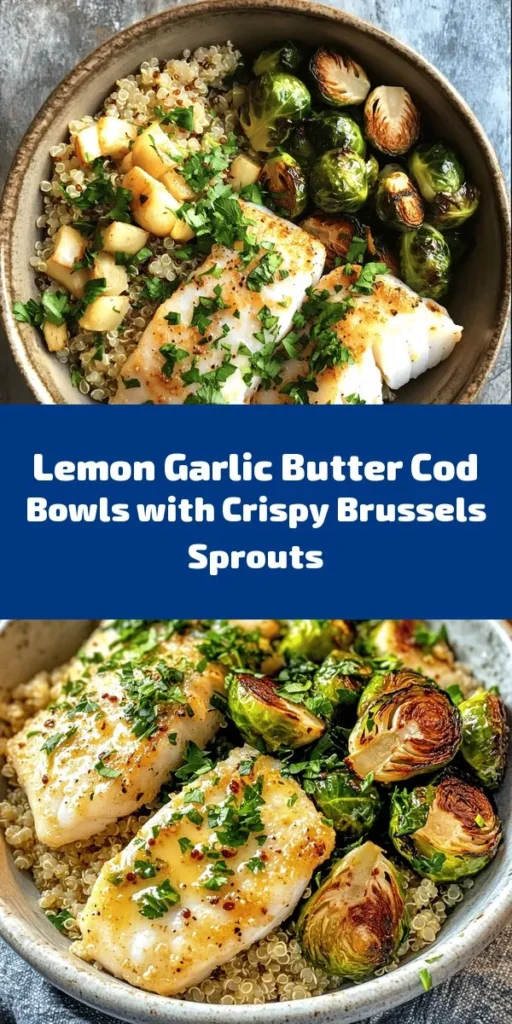 Elevate your dinner game with these Lemon Garlic Butter Cod Bowls with Roasted Brussels Sprouts! This delightful dish features tender cod fillets coated in a zesty butter sauce, paired with crispy Brussels sprouts and a wholesome grain base of quinoa or brown rice. Perfect for a weeknight meal, it's not only quick to prepare but also bursting with flavor. Serve warm, garnish with fresh parsley, and enjoy a healthy, delicious meal!