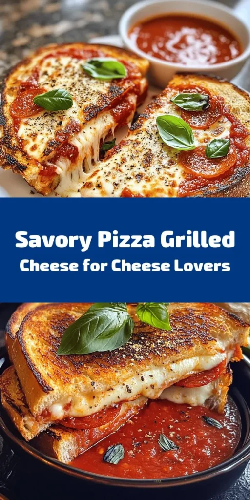 Indulge in the ultimate comfort food with this Pizza Grilled Cheese Delight! This easy recipe brings together crispy, buttery bread and gooey mozzarella cheese, layered with your favorite toppings like pepperoni and flavored with oregano and garlic. Ready in just 20 minutes, it's perfect for a quick lunch or dinner. Don't forget the marinara sauce for dipping! This cheesy masterpiece is sure to become a family favorite. Try it today!