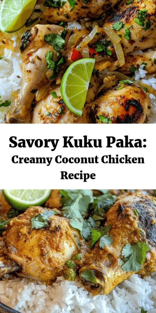 Discover the flavors of East Africa with this delightful Kuku Paka, a coconut chicken dish that's sure to impress! With tender marinated chicken simmered in creamy coconut milk and spices, every bite is a taste adventure. Perfect for serving over rice or with flatbreads, this recipe combines garlic, ginger, and green chilies for a flavorful punch. Easy to make, it's ideal for weeknight dinners or special occasions. Don't forget to garnish with fresh cilantro and lime for a zesty finish!