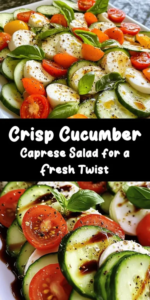 Brighten your meal with this refreshing Cucumber Caprese Salad! Featuring crispy cucumbers, juicy cherry tomatoes, and creamy mozzarella, this quick recipe is ready in just 10 minutes. Toss in fresh basil, a drizzle of olive oil and balsamic vinegar, and season to perfection for a burst of flavor. Perfect as a light lunch or a side dish for any occasion. Enjoy it fresh or let it chill for a delightful taste sensation!