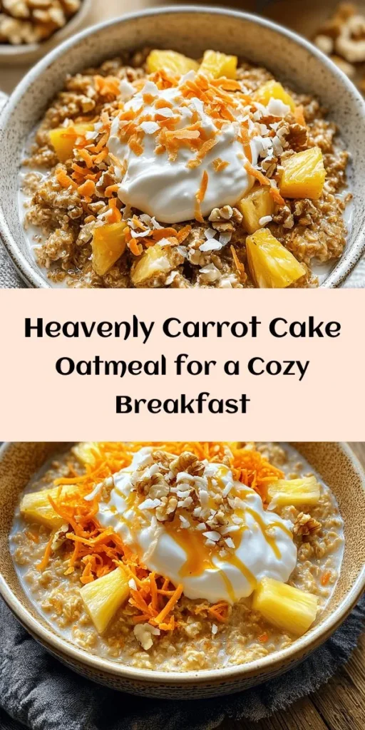 Start your day with a delicious twist on breakfast with this Carrot Cake Oatmeal! Packed with rolled oats, grated carrots, and crushed pineapple, this cozy bowl is sweetened with maple syrup and spiced with cinnamon, ginger, and nutmeg. Topped with raisins, walnuts, and optional Greek yogurt and coconut, it's a nutritious and satisfying meal. Ready in just 15 minutes, this recipe is perfect for a quick and wholesome start. Enjoy the flavors of carrot cake in your breakfast!