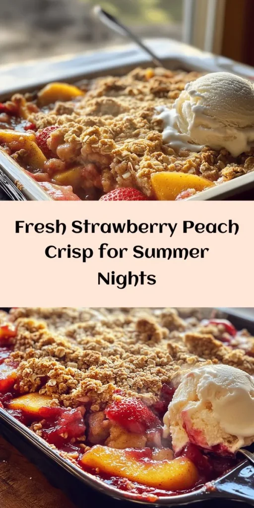 Get ready for a sweet treat with this Strawberry Peach Crisp Delight! This easy recipe features juicy strawberries and peaches mixed with a hint of lemon and vanilla, all topped with a buttery oat crisp. Bake until golden and bubbly for a dessert that's perfect warm from the oven, especially when served with a scoop of vanilla ice cream. With just 20 minutes of prep, you’ll have a delightful dish that serves 8. Enjoy the fresh flavors of summer in every bite!
