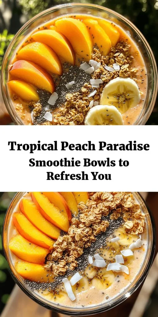 Dive into the refreshing taste of summer with these Peach Paradise Smoothie Bowls! Made with ripe peaches, banana, and coconut milk, this deliciously creamy bowl is packed with nutrition and flavor. Customize your smoothie with spinach for an extra health boost and top with sliced peaches, granola, chia seeds, and shredded coconut for a delightful crunch. Perfect for a quick breakfast or a revitalizing snack, this recipe is both simple and satisfying. Enjoy a tropical treat in just 10 minutes!