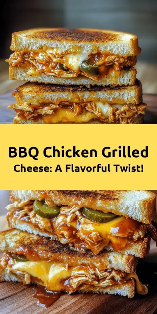 Satisfy your cravings with this delicious BBQ Chicken Grilled Cheese! Perfectly crispy sourdough bread envelops tender shredded chicken coated in tangy barbecue sauce, layered with gooey cheddar and mozzarella cheese. This quick recipe takes just 15 minutes to prepare and is ideal for an easy lunch or hearty dinner. Customize with pickles or jalapeños for an extra kick. Dive into this comforting twist on a classic sandwich today!