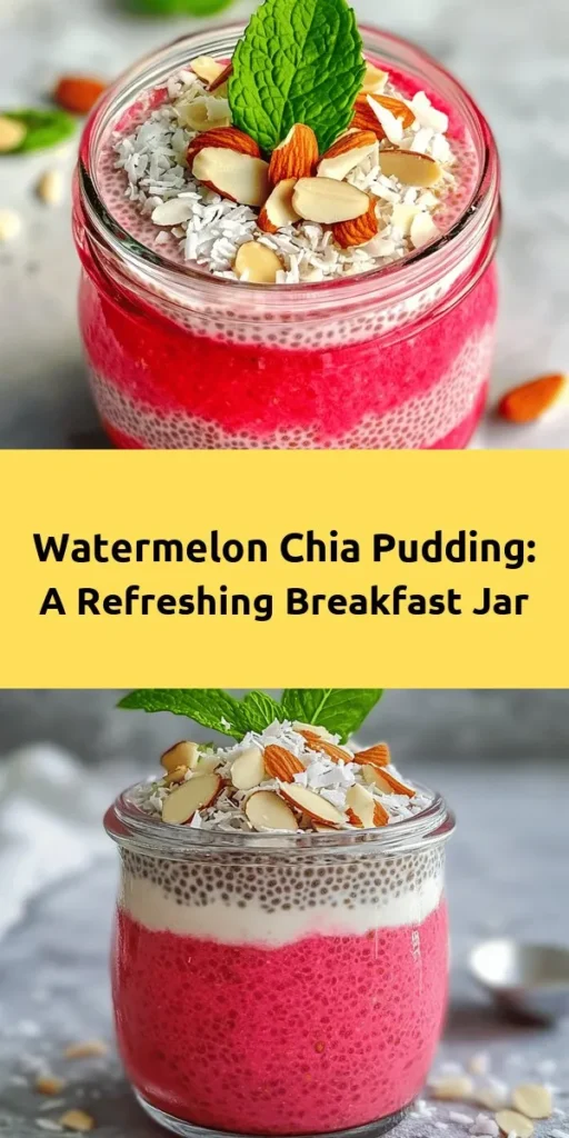 Start your day with a burst of freshness with this Watermelon Chia Pudding Breakfast Jar recipe! Made with sweet watermelon, creamy coconut milk, and nutritious chia seeds, this easy-to-make dish is perfect for a healthy breakfast or snack. Simply blend, mix, and refrigerate for a few hours. Top with mint and your favorite toppings for added crunch and flavor. Enjoy a light yet satisfying meal that’s both delicious and nutritious!