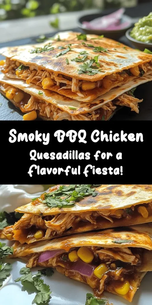 Get ready for a flavor explosion with these Smoky BBQ Chicken Quesadillas! Perfect for a quick weeknight dinner or a fun gathering, these quesadillas are loaded with tender shredded chicken, tangy BBQ sauce, and gooey cheese, all grilled to perfection in crispy tortillas. Sautéed red onions and corn add a delightful crunch, while fresh cilantro, sour cream, and guacamole take it to the next level. Quick to make and absolutely delicious, these will be a hit at your table! Enjoy in just 30 minutes.