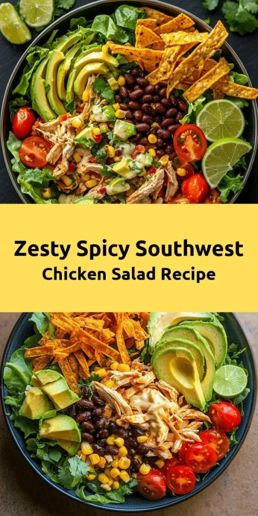 Looking for a fresh and zesty meal? Try this Spicy Southwest Chicken Salad! Packed with shredded chicken, black beans, colorful veggies, and topped with a creamy ranch dressing infused with chili powder and smoked paprika, it’s bursting with flavor. Perfect for a light lunch or dinner, this salad is easy to prepare in just 15 minutes. Garnish with crunchy tortilla strips for extra texture. Enjoy a delicious taste of the Southwest!
