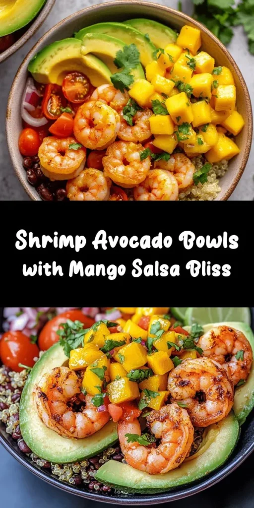 Savor the vibrant flavors of these Shrimp and Avocado Bowls with Mango Salsa and Lime-Chili Sauce! This refreshing dish features perfectly seasoned shrimp, creamy avocado, and a zesty mango salsa, all layered over quinoa and black beans. It's garnished with fresh cilantro and a delightful lime-chili sauce for that extra kick. Perfect for a light lunch or a summer dinner, this recipe is simple and satisfies cravings for something healthy and delicious. Enjoy!