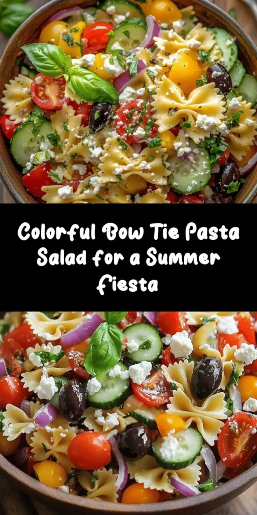 Brighten up your meal with this Bow Tie Pasta Salad Fiesta! This colorful and delicious dish features bow tie pasta, fresh veggies like cherry tomatoes, cucumber, and bell peppers, all tossed with a zesty dressing. Toss in crumbled feta and fresh basil for an extra burst of flavor. Perfect for picnics, potlucks, or a refreshing side dish at dinner. Easy to prepare in just 45 minutes, it's both nutritious and visually appealing! Enjoy this delightful salad anytime!